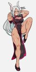  1girl animal_ears bare_legs black_dress boku_no_hero_academia breasts china_dress chinese_clothes cleavage cleavage_cutout clenched_hand clothing_cutout covered_navel dark-skinned_female dark_skin dress floral_print full_body hand_up harurukan high_heels highres knee_up large_breasts long_eyelashes long_hair long_legs looking_at_viewer mirko narrow_waist parted_bangs pink_footwear pink_trim rabbit_ears rabbit_girl rabbit_tail red_eyes solo standing standing_on_one_leg tail teeth thick_thighs thighs toned twitter_username white_background white_hair 