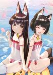  2girls 2others absurdres animal_ear_fluff animal_ears ass azur_lane back-to-back bare_shoulders black_hair black_thighhighs brown_eyes camisole cherry_blossoms closed_eyes fox_ears fox_girl hagakure_kirin_(kiryu036) highres holding_hands long_hair looking_at_viewer manjuu_(azur_lane) multiple_girls multiple_others mutsu_(azur_lane) nagato_(azur_lane) nagato_(great_fox&#039;s_respite)_(azur_lane) open_mouth outdoors panties petals red_camisole red_panties see-through short_hair side-tie_panties sitting smile strap_slip thighhighs thighs underwear very_long_hair water white_thighhighs 
