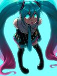  backlighting blue_eyes blue_hair boots detached_sleeves dreamscreep glowing glowing_eyes hair_between_eyes hatsune_miku highres leaning_forward necktie open_mouth pleated_skirt shirt skirt sleeveless sleeveless_shirt thigh_boots twintails vocaloid 