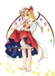  1girl :| alternate_wings ascot back_bow barefoot blonde_hair bloomers bow closed_mouth collared_shirt flandre_scarlet full_body hat hat_ribbon highres inamori_(inari00000) large_bow lifted_by_self long_hair mob_cap multicolored_wings no_shoes no_socks one_side_up puffy_short_sleeves puffy_sleeves red_eyes red_ribbon red_skirt red_vest ribbon shirt short_sleeves simple_background skirt solo standing touhou underwear vest white_background white_bloomers white_bow white_headwear white_shirt wings yellow_ascot 