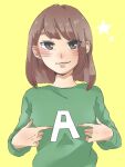  1girl blush breasts brown_eyes brown_hair commentary_request green_sweater grin highres kashikaze kusuda_aina looking_at_viewer medium_breasts medium_hair parted_lips pointing pointing_at_self real_life simple_background smile solo sweater upper_body voice_actor yellow_background 