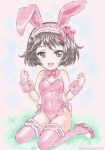  1girl :d absurdres animal_ears artist_name ass bare_shoulders black_eyes black_hair blue_sky blush bob_cut bow bowtie breasts chibi cleavage clenched_hands colored_pencil_(medium) commentary covered_navel detached_collar fake_animal_ears frilled_hairband frilled_thighhighs frills full_body girls_und_panzer grass groin hairband high_heels highres kuromori_yako leotard looking_at_viewer on_ground open_mouth paper_texture pink_bow pink_bowtie pink_hairband pink_leotard pink_thighhighs playboy_bunny pom_pom_(clothes) rabbit_ears rabbit_tail red_footwear shoes short_hair sitting sketch sky sleeveless small_breasts smile solo strapless strapless_leotard tail thighhighs traditional_media translated utsugi_yuuki w_arms wariza wrist_cuffs 