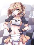  1girl 547th_sy alternate_costume bandeau breasts cosplay double_bun hair_bun highres kantai_collection light_brown_hair michishio_(kancolle) race_queen short_twintails skirt small_breasts solo twintails yellow_eyes 
