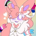 &lt;3 ambiguous_gender anthro bisexual_pride_colors blush curled_hair demiromantic_pride_colors demisexual_pride_colors ear_piercing ear_ring eeveelution fangs fluffy_(luvbunny) freckles genderfluid_pride_colors generation_6_pokemon hair hi_res jewelry lgbt_pride luvbunny necklace nintendo piercing pink_hair pokemon pokemon_(species) pride_colors purple_mouth ring_piercing solo sylveon teeth transgender_pride_colors xenogender 