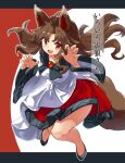  1girl animal_ears bare_legs black_dress black_footwear brooch brown_hair claw_pose commentary_request dress fingernails imaizumi_kagerou jewelry long_hair long_sleeves multicolored_clothes multicolored_dress red_dress red_eyes solo tail touhou translation_request uisu_(noguchipint) white_dress wide_sleeves wolf_ears wolf_girl wolf_tail 