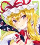  1girl alto2019 blonde_hair bow dress frilled_dress frills gap_(touhou) gloves hair_bow hat hat_ribbon highres long_hair marker_(medium) mob_cap neck_ribbon portrait purple_dress purple_eyes red_bow red_ribbon ribbon solo touhou traditional_media white_gloves white_headwear yakumo_yukari 