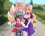  3girls absurdres animal_ear_fluff animal_ears artist_name behind_another bicycle black_corset blonde_hair blue_sky blue_tabard blurry blurry_background blush breasts brown_hair cat_ears cat_tail chen choker cleavage corset day dress drogo_doggo earrings elbow_gloves fence forest fox_tail frilled_dress frilled_skirt frills gloves grass green_headwear grin hair_between_eyes hair_ribbon hand_on_another&#039;s_back hand_up happy hat hat_ribbon helping highres jewelry large_breasts long_hair long_sleeves looking_at_viewer mob_cap multiple_girls multiple_tails nature open_mouth orange_eyes outdoors puffy_short_sleeves puffy_sleeves purple_dress purple_eyes red_ribbon red_skirt red_vest ribbon ribbon_choker riding riding_bicycle road shirt short_hair short_sleeves sidelocks single_earring sitting skirt skirt_set sky smile standing tabard tail tall_female touhou tree two_tails very_long_hair vest waving white_dress white_headwear white_ribbon white_shirt yakumo_ran yakumo_yukari 