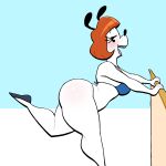  1:1 absurd_res anthro bikini blush canid canine canis clothing domestic_dog erica_(disney) female hair hi_res leaning leaning_forward looking_at_viewer lovetopullmicke mammal open_mouth open_smile red_hair side_view simple_background smile solo swimwear 