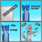  2021 4_panel_comic anthro barking biped black_nose blue_body blue_ears blue_fur blue_hair blue_tail broitscody brown_eyes canid canine canis chest_tuft cody_(broitscody) collar comic dialogue domestic_dog doorbell duo floppy_ears fur grey_body grey_fur grey_hair grey_tail hair hi_res husky logan_(broitslogan) male mammal monotone_ears monotone_hair multicolored_body multicolored_fur nordic_sled_dog one_eye_closed sound_effects spitz tail tuft two_tone_body two_tone_fur two_tone_tail watermark white_body white_ears white_fur white_tail wolf 