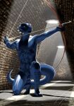  anthro archshen argonian balls bethesda_softworks blue_body blue_scales bow_(weapon) detailed_background erection genitals hi_res holding_object holding_weapon male muscular muscular_male nude penis ranged_weapon scales scalie solo tail the_elder_scrolls tristen weapon 