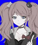  1girl anjeu_(uuci925) bear_hair_ornament black_choker blonde_hair blue_background blue_eyes bow breasts choker cleavage collarbone danganronpa:_trigger_happy_havoc danganronpa_(series) enoshima_junko frown hair_ornament hand_up index_finger_raised large_breasts long_hair red_bow simple_background solo twintails 
