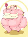  2018 3:4 3_fingers anthro bar_emanata batspid2 big_breasts big_butt biped blonde_hair bow_ribbon breasts brown_eyes butt candy cel_shading cleavage cleavage_overflow clothed clothing curled_tail daisy_(tubbytiger) dessert digital_drawing_(artwork) digital_media_(artwork) domestic_pig drill_curls emanata eyelashes female fingers flabby_arms food full-length_portrait hair holding_food holding_object hooves huge_belly huge_breasts huge_butt huge_thighs hyper hyper_butt hyper_hips hyper_thighs lollipop love_handles mammal markings midriff morbidly_obese morbidly_obese_anthro morbidly_obese_female navel obese obese_anthro obese_female on_one_leg one_eye_closed overweight overweight_anthro overweight_female panties pink_body pink_clothing pink_skin portrait ribbons shaded signature simple_background sleeveless_shirt solo spots spotted_markings standing suid suina sus_(pig) tail thick_thighs tight_clothing topwear tube_top underwear white_clothing 