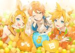  1girl 2boys absurdres aiguillette ascot balloon blonde_hair blue_eyes bow bowtie bracelet brooch brother_and_sister coat commentary_request confetti countdown gloves hair_bow hair_ornament hairclip headphones headset heart_balloon highres jacket jewelry kagamine_len kagamine_rin long_sleeves looking_at_viewer microphone multiple_boys official_art one_eye_closed orange_bow orange_bowtie orange_jacket project_sekai shirt short_hair siblings signature sleeveless sleeveless_shirt smile sogawa star_(symbol) star_print tenma_tsukasa upper_body vocaloid white_ascot white_bow white_coat wonderlands_x_showtime_len wonderlands_x_showtime_rin yellow_eyes yellow_gloves 