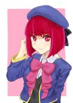  1girl absurdres arima_kana beret blue_headwear blue_jacket bob_cut closed_mouth hand_in_own_hair hat hat_ribbon highres inverted_bob jacket light_blush looking_at_viewer oshi_no_ko pink_background pink_ribbon red_eyes red_hair ribbon school_uniform short_hair simple_background solo upper_body user_xyaz2323 youtou_high_school_uniform 