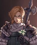  1boy armor bladed_lance blonde_hair brown_background closed_mouth dion_lesage doodleing_time earrings final_fantasy final_fantasy_xvi flower halberd highres holding holding_flower jewelry looking_at_viewer male_focus polearm serious short_hair shoulder_armor simple_background solo standing upper_body vest weapon white_armor white_flower white_vest yellow_eyes 