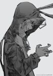  1girl amiya_(arknights) animal_ears arknights ascot ears_through_headwear greyscale hand_up highres hood hood_up hooded_coat hu_tu jewelry long_hair long_sleeves looking_down monochrome multiple_rings open_mouth rabbit_ears ring solo twitter_username upper_body 