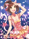  1girl animal_ears arm_up armpits bare_shoulders blush bow bracelet breasts brown_hair cat_ears cat_tail choker cleavage collarbone confetti dress fake_animal_ears fake_tail fang frilled_dress frills glowstick green_eyes hair_ornament hair_ribbon heart heart_choker highres holding holding_microphone idolmaster idolmaster_cinderella_girls idolmaster_cinderella_girls_starlight_stage jewelry large_breasts layered_dress looking_up maekawa_miku microphone open_mouth pink_choker pink_dress ponytail ribbon short_hair smile solo tail thighhighs tori_ririsu white_thighhighs wristband zettai_ryouiki 