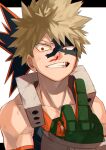  1boy bakugou_katsuki black_mask blonde_hair blood boku_no_hero_academia clenched_teeth collarbone eye_mask grimace highres looking_at_viewer male_focus middle_finger mirin_(coene65) nosebleed red_eyes solo spiked_hair teeth torn_mask whip 