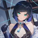  1girl bare_shoulders black_gloves black_hair blue_hair blunt_bangs breasts cleavage commentary earrings fangai-anmian fur_trim genshin_impact gloves green_eyes hand_up head_tilt highres jewelry large_breasts looking_at_viewer multicolored_hair off_shoulder parted_lips short_hair solo upper_body yelan_(genshin_impact) 