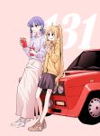  2girls :t ahoge asymmetrical_hair blonde_hair bocchi_the_rock! burger car closed_mouth cup disposable_cup eating fiat_131_abarth food food_on_face french_fries full_body grey_shirt highres holding holding_food hood hood_down hooded_jacket ijichi_nijika jacket leaning_back leaning_on_object long_hair long_skirt miniskirt mole mole_under_eye motor_vehicle mouth_hold multiple_girls neonfloyd nike pink_background ponytail purple_hair race_vehicle racecar rally_car red_car shadow shirt shoes sidelocks skirt sneakers standing white_skirt yamada_ryou yellow_jacket 