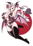  1girl absurdres animal_print armpits arms_behind_head arms_up bat_(animal) bat_print bat_wings black_thighhighs boots breasts cross cross_earrings draculina_(last_origin) earrings eron fangs head_wings highres horns huge_breasts jewelry last_origin long_hair long_pointy_ears navel one-piece_swimsuit open_mouth open_swimsuit pointy_ears red_eyes short_twintails simple_background smile solo swimsuit thigh_boots thighhighs twintails vampire very_long_hair white_hair wings 