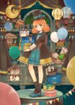  balloon basket blue_eyes blush bookshelf box carousel crescent cup curtains full_body gift gift_box gloves hairband hat hat_box high_heels highres holding holding_box holding_gift indoors jacket jar long_hair long_sleeves neck_ribbon orange_hair original planet plant ribbon scroll sky smile socks star_(sky) starry_sky string_of_flags tea_set teacup teapot tiered_tray top_hat yunoto_(conceit) 