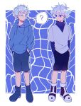  2boys aged_down blue_background blue_eyes blue_footwear blue_hoodie blue_shorts closed_mouth commentary_request crossover full_body gojou_satoru grey_shirt hands_in_pockets hood hood_down hoodie hunter_x_hunter jujutsu_kaisen killua_zoldyck long_sleeves looking_at_another male_focus multiple_boys purple_footwear shared_speech_bubble shirt shoes short_hair shorts speech_bubble standing t_ei_to white_hair 