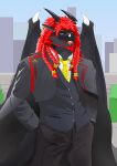  absurd_res anthro black_body clothed clothing digital_media_(artwork) direlaxion dragon hair hi_res horn lolip_(jewelpet) looking_at_viewer male mammal necktie open_mouth red_hair ring ring_piercing scalie simple_background smile solo tail tongue tongue_out wings yellow_eyes yellow_necktie 