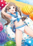  1girl :d ahoge arm_up armpits balloon bare_shoulders bikini blue_neckerchief blue_ribbon blue_sailor_collar blush breasts brown_eyes brown_hair hair_ribbon hakozaki_serika idolmaster idolmaster_million_live! idolmaster_million_live!_theater_days innertube kabayaki_unagi long_hair looking_at_viewer lying midriff navel neckerchief on_back open_mouth pool poolside ribbon sailor_bikini sailor_collar sailor_swimsuit_(idolmaster) salute side-tie_bikini_bottom small_breasts smile solo swimsuit tile_floor tiles twintails very_long_hair water wet wet_clothes wet_hair wet_swimsuit white_bikini 