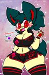  &lt;3 &lt;3_eyes 5_fingers anthro black_hair blush bottomwear breasts clothing female fingers generation_2_pokemon hair hi_res legwear lewdchuu_(artist) navel nintendo pokemon pokemon_(species) red_eyes scut_tail shirt short_tail shorts solo star stockings tail topwear typhlosion yellow_body 