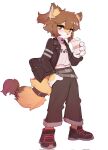  ambiguous_gender anthro belt beverage bottomwear brown_body brown_eyes brown_fur brown_hair canid canine chest_tuft clothing coffee container crayon_(artist) cup fluffy fluffy_tail footwear fox fur hair hand_on_hip hi_res holding_beverage holding_container holding_cup holding_object inner_ear_fluff jacket kemono looking_at_viewer mammal midriff multicolored_body multicolored_fur navel pants shirt shoes short_hair simple_background solo standing tail topwear tuft two_tone_body two_tone_fur white_background yellow_body yellow_fur 
