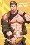  1boy abs bara bare_pectorals baseball_cap belt black_wristband blonde_hair bulge clothes_lift come_hither covered_penis cowboy_shot crotch_grab dog_tags english_text erection erection_under_clothes eyebrow_cut goatee_stubble hat highres jacket licking_lips lifted_by_self looking_at_viewer male_focus male_underwear mazjojo military_uniform muscular muscular_male mustache_stubble naughty_face navel off_shoulder open_clothes open_fly open_jacket original pectorals shirt_lift single_bare_shoulder solo sparse_chest_hair strap sweat teeth tongue tongue_out underwear uniform v-shaped_eyebrows very_sweaty yellow_background yellow_eyes yellow_male_underwear 