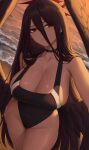  1girl alternate_costume beach black_choker black_one-piece_swimsuit black_wings blue_archive breasts choker closed_mouth collarbone commentary covered_navel evening hair_between_eyes halo hasumi_(blue_archive) highres large_breasts long_hair looking_at_viewer low_wings mole mole_under_eye ocean one-piece_swimsuit outdoors red_eyes red_halo solo swimsuit very_long_hair waves wings zaphn 