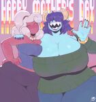  big_breasts blue_body breast_size_difference breasts claudia_(peculiart) cleavage clothed clothing demon demon_humanoid duo female hair hair_over_eyes hi_res huge_breasts humanoid mature_female not_furry peculiart pink_body 
