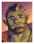  1boy absurdres bara beard black_hair blue_eyes colored_skin commission facial_hair green_skin highres jojo_(jonahbuu) looking_at_viewer male_focus mature_male orc original pointy_ears portrait second-party_source short_hair smile solo spiked_hair thick_eyebrows thick_neck tusks 