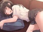  1girl black_skirt black_socks collared_shirt commentary_request commission couch cowboy_shot dress_shirt hayashio_(kancolle) highres kantai_collection long_hair mole mole_under_eye open_mouth pillow school_uniform shirasumato shirt skeb_commission skirt sleeping socks solo white_shirt 