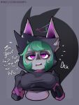  big_breasts breasts bust_portrait clothed clothing delicioussoup dialogue female front_view green_hair grey_body hair hi_res humanoid league_of_legends open_mouth partially_clothed portrait purple_eyes riot_games short_stack solo vex_(lol) yordle 