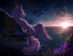  2023 anthro black_sclera canid cheek_tuft closed_smile dated facial_tuft fur hi_res macro male mammal mouth_closed neck_tuft nude papayafurry partially_submerged purple_body purple_fur red_eyes signature sitting solo sunset tuft 