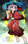  1girl aurora_artz barefoot black_headwear bowl bowl_hat closed_mouth commentary english_commentary full_body hat holding holding_needle japanese_clothes kimono long_sleeves looking_to_the_side needle purple_hair red_eyes red_kimono short_hair signature smile solo sukuna_shinmyoumaru touhou wide_sleeves zun_(style) 