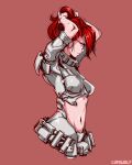  1girl absurdres artist_name bodysuit breasts clothing_cutout english_commentary from_side glasses grey_bodysuit highres krita_(medium) long_bangs looking_down lupuwulf medium_breasts midriff navel original red_background red_hair solo stomach_cutout tying_hair upper_body 