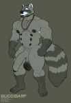  anthro arm_hair balls beard belly big_penis body_hair chain chest_hair facial_hair genitals guccigarf hi_res horn male mammal musclegut nipples penis piercing procyonid pubes raccoon saggy_balls stripes 