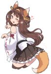  1girl animal_ears bare_shoulders black_skirt black_thighhighs blush brown_hair cowboy_shot cropped_legs detached_sleeves double_bun fox_ears fox_tail grey_eyes hair_bun hairband headgear heart japanese_clothes kantai_collection kongou_(kancolle) kongou_kai_ni_(kancolle) long_hair nontraditional_miko one_eye_closed open_mouth pleated_skirt ribbon-trimmed_sleeves ribbon_trim simple_background skirt smile solo tail terrajin thighhighs white_background white_sleeves wide_sleeves 