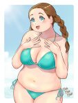  1girl bikini blue_bikini braid brown_hair fat gundam gundam_suisei_no_majo hands_on_own_chest highres kenken28937178 legs_together lilique_kadoka_lipati low_twin_braids navel open_mouth plump side-tie_bikini_bottom skindentation smile solo stomach swimsuit twin_braids twintails 