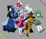  4girls arm_up black_gloves blue_hair bow bowtie dress elbow_gloves floating_hair full_body gauntlets gloves green_eyes green_footwear green_hair green_shirt green_shorts grey_background holding holding_wand king_of_greed knight_of_despair lobotomy_corporation long_hair multiple_girls one_eye_closed open_mouth pink_bow pink_bowtie pink_dress pink_footwear project_moon queen_of_hatred servant_of_wrath shirt shoes shorts simple_background single_gauntlet strapless strapless_dress thighhighs two_side_up very_long_hair wakame_031412 wand white_hair white_thighhighs wonderlab yellow_dress 