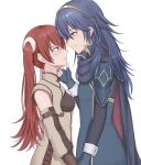  2girls absurdres armor blue_eyes blue_gloves blue_hair blush brown_gloves cape commentary detached_sleeves fingerless_gloves fire_emblem fire_emblem_awakening gloves hand_on_another&#039;s_chin haniwa_(8241427) height_difference highres long_hair looking_at_another lucina_(fire_emblem) multiple_girls red_eyes red_hair severa_(fire_emblem) shoulder_armor tiara twintails white_background yuri 