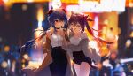  2girls :d ^_^ absurdres alternate_costume bare_shoulders black_choker black_pants black_shorts blurry blurry_background bokeh casual choker closed_eyes closed_mouth coat commentary_request cone_hair_bun cowboy_shot depth_of_field ganyu_(genshin_impact) genshin_impact goat_horns grey_jacket hair_bun hand_in_pocket high-waist_shorts highres horns jacket keqing_(genshin_impact) locked_arms long_hair long_sleeves multiple_girls off-shoulder_shirt off_shoulder open_clothes open_coat open_jacket open_mouth pants purple_eyes purple_hair shirt shorts smile spaghetti_strap swkl:d twintails very_long_hair white_shirt 