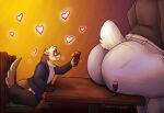  &lt;3 alcohol ambiguous_gender anthro beverage big_butt blush butt clothed clothing date domestic_ferret duo fluffy huge_butt lagomorph leporid male mammal muffin_(themuffinly) mustelid musteline rabbit sitting_on_table size_difference themuffinly true_musteline weasel wine 