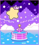  1boy black_eyes border bright_pupils cloud facial_mark fountain fountain_of_dreams highres kirby kirby&#039;s_dream_land kirby_(series) open_mouth pink_border sasakinao smile solo star_(symbol) star_rod warp_star water waving white_pupils 
