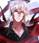  1boy arknights black_halo black_shirt black_wings blonde_hair blue_eyes blurry blurry_background blurry_foreground buttons closed_mouth collarbone collared_shirt commentary cube depth_of_field doctahmem earpiece executor_(arknights) executor_the_ex_foedere_(arknights) expressionless film_grain floating_scarf hair_between_eyes halo head_tilt high_collar highres light_rays long_scarf looking_at_viewer male_focus mechanical_halo mechanical_wings messy_hair multicolored_wings official_alternate_costume red_scarf red_wings scar scarf shadow shirt short_hair solo spotlight standing straight-on symbol-only_commentary toned toned_male two-tone_wings unbuttoned unbuttoned_shirt upper_body white_background wing_collar wings wire 