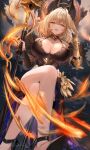  1girl absurdres ahoge animal_ears bare_shoulders black_dress black_footwear breasts bridal_gauntlets brown_hair crossed_legs dress fire granblue_fantasy hair_intakes hecate_(granblue_fantasy) high_heels highres holding holding_staff large_breasts looking_at_viewer medium_hair nakonbu open_mouth orange_eyes sleeveless sleeveless_dress smile solo staff strappy_heels twitter_username vambraces watermark 